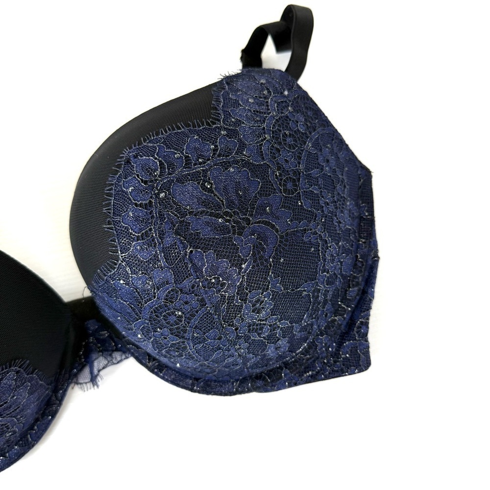 Victoria's Secret Blue And Black Lace Sexy Push Up Bra Sz 34DDD - Picture 2 of 5